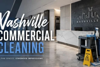 Commercial cleaner sanitizing a modern Nashville office lobby