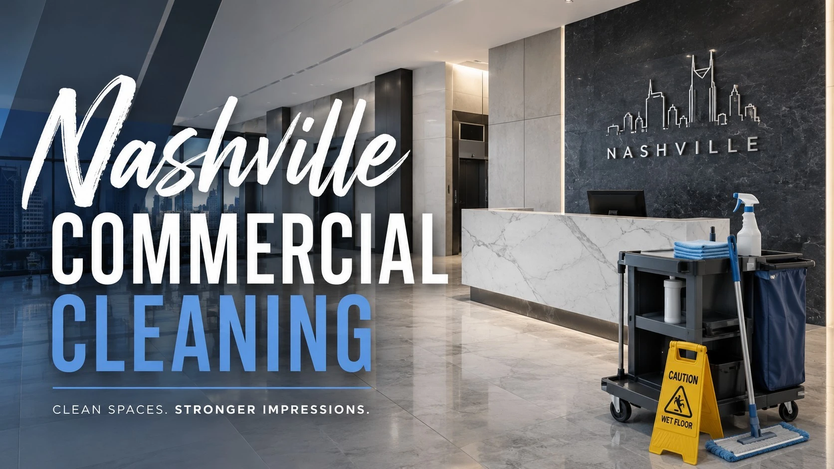 Commercial cleaner sanitizing a modern Nashville office lobby
