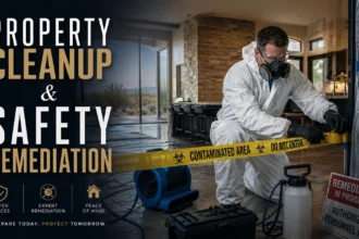 Remediation technician preparing a contaminated home for safe cleanup