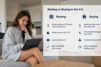 A girl comparing renting and buying options after relocating