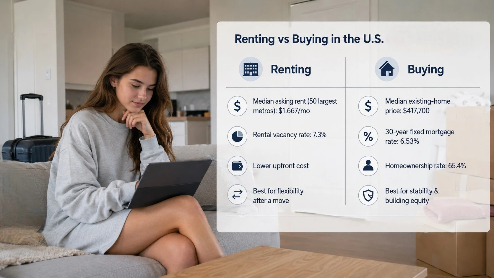 A girl comparing renting and buying options after relocating