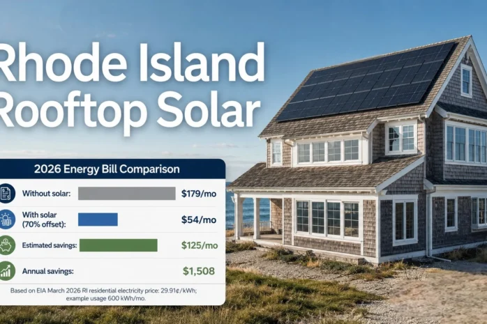 Rhode Island coastal home with rooftop solar panels and energy bill comparison