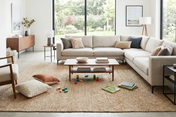 Washable textured rug in a modern family living room