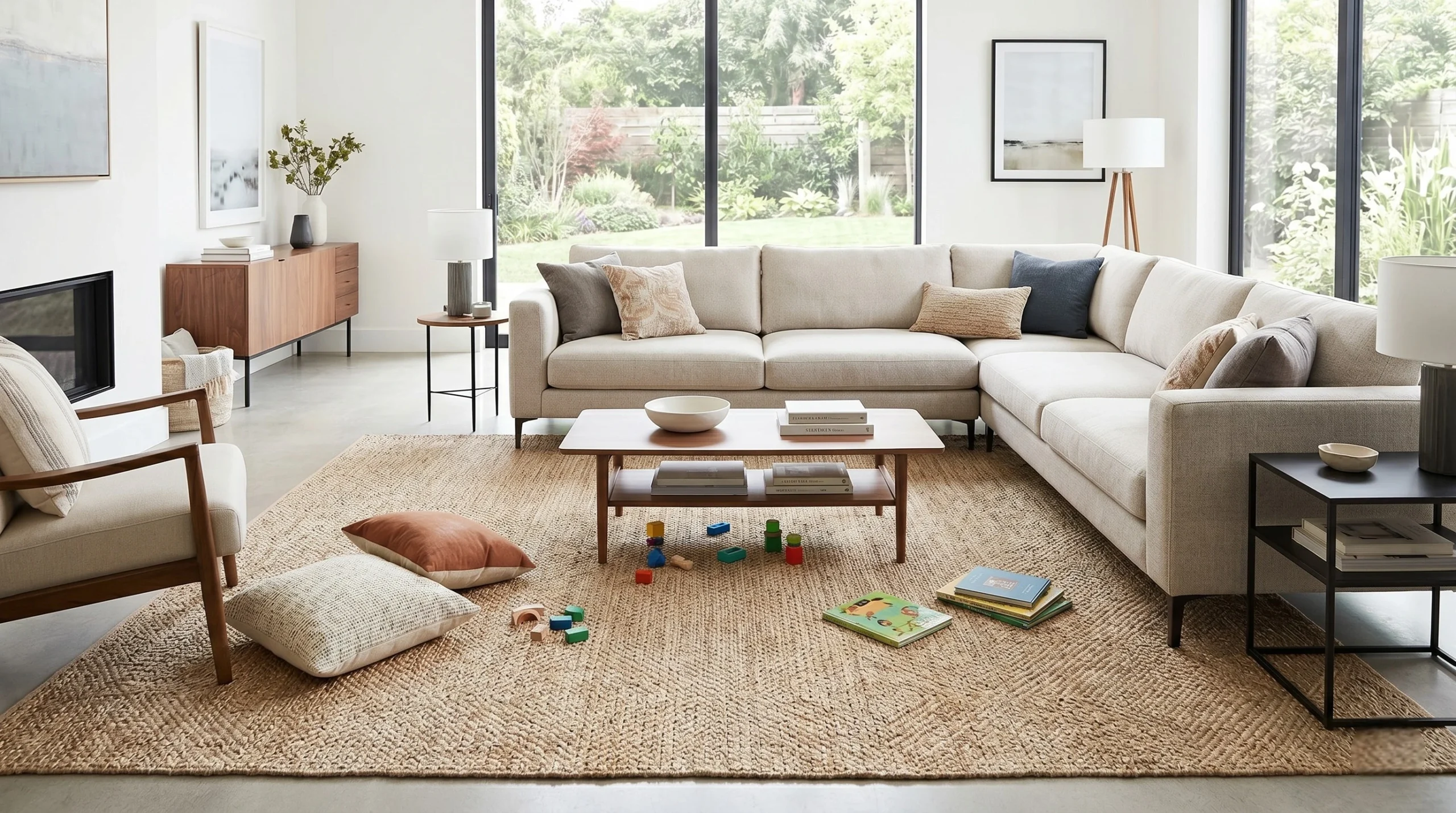Washable textured rug in a modern family living room